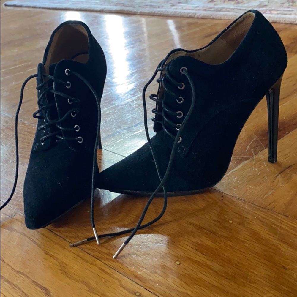 L.A.M.B  Black lace-tie up heels.